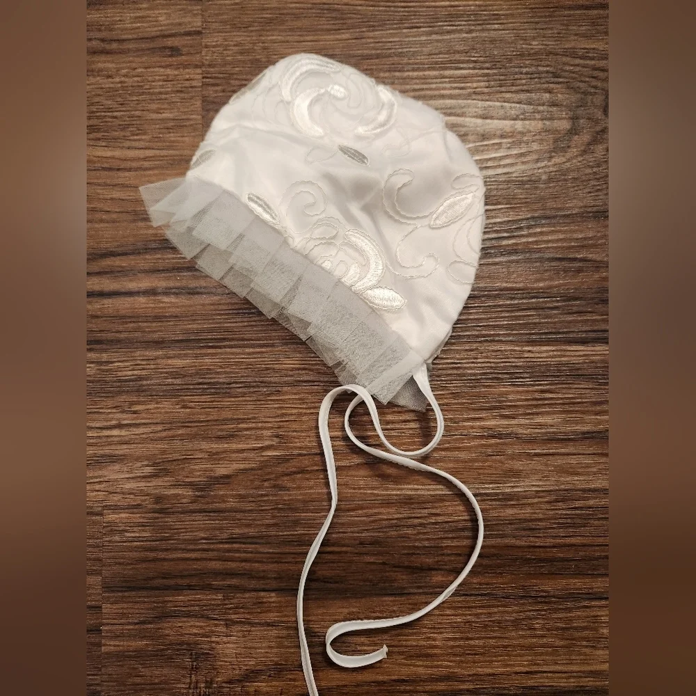 White Satin Baby Bonnet with Embroidery